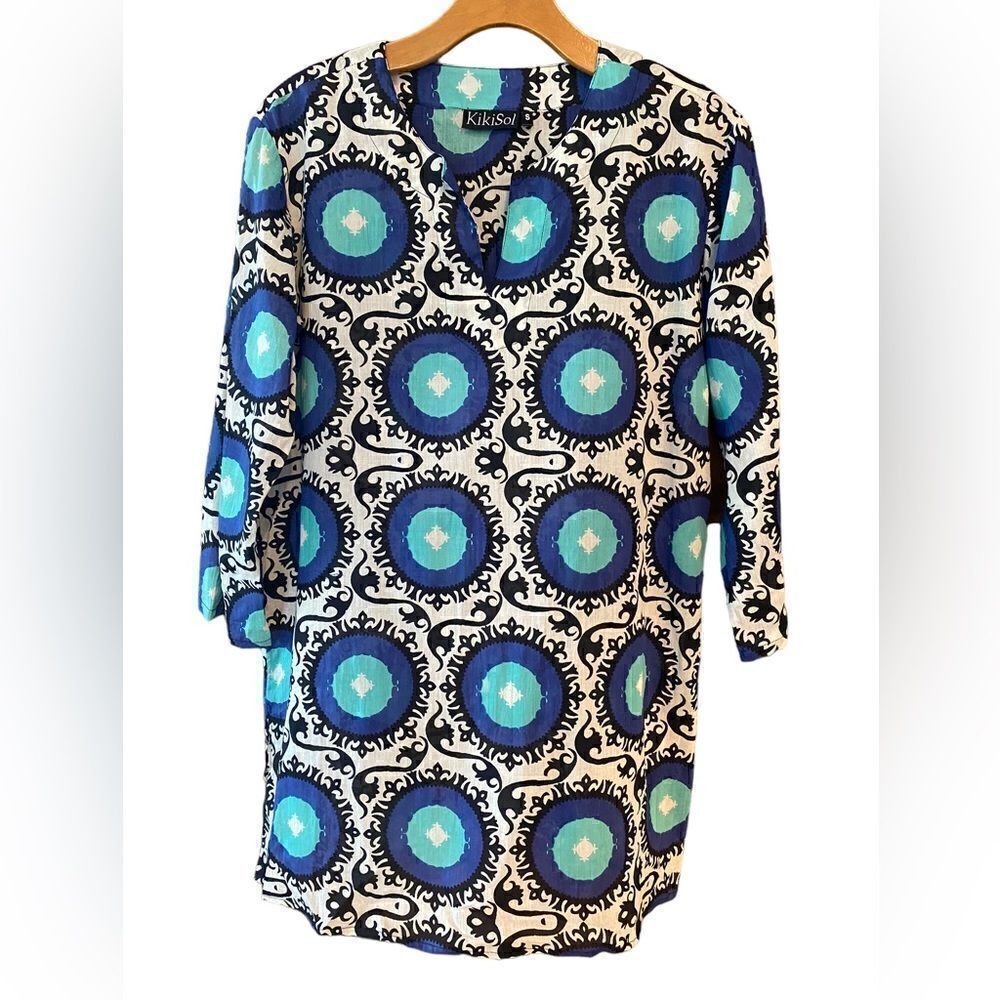 KikiSol Sz S Black Blue Teal Geometric Print Lightweight Long Sleeve Swim Cover